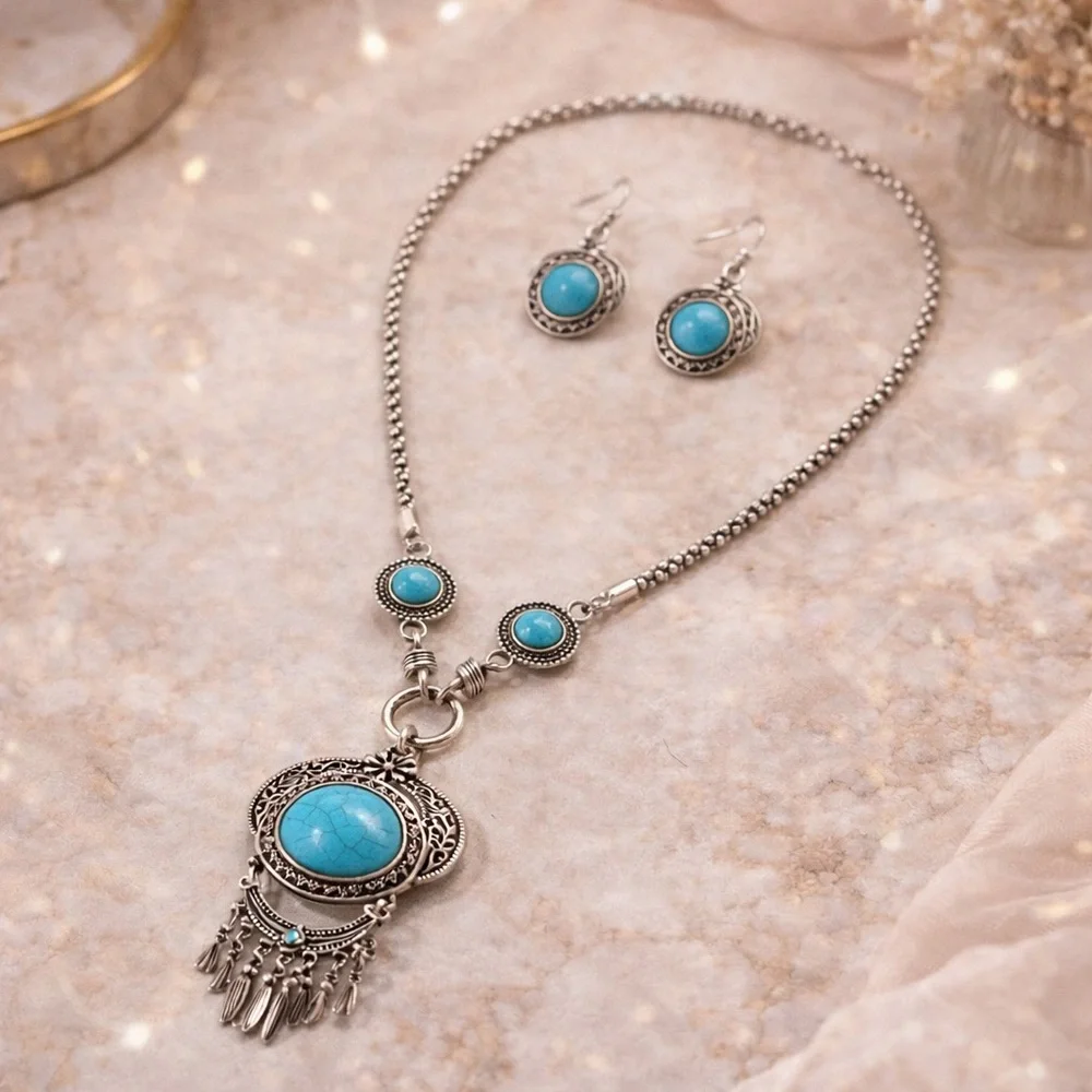 Turquoise & Silver Tone Boho Statement Necklace & Earrings Set Festival Western - Picture 2 of 6